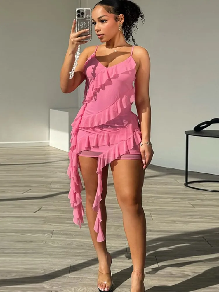 

2025 Summer Pink Sexy Mini Dresses Women Spaghetti Strap Fashion Elegant Bodycon Hot Girls Club Party Y2K Ruffles Mesh Vestidos