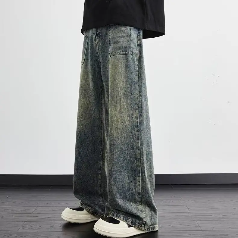 

New 2026 Lightning Pattern Jeans Men's Spring Autumn Retro Loose Straight Wide-leg Pants Trendy High Street Designer Long Pants