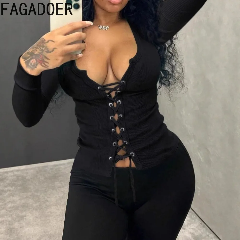 

FAGADOER Autumn New Sexy Ribbing Bodycon T-shirt for Women Solid Color Bandage Patchwork Tops Female Streetwear Clothing 2025