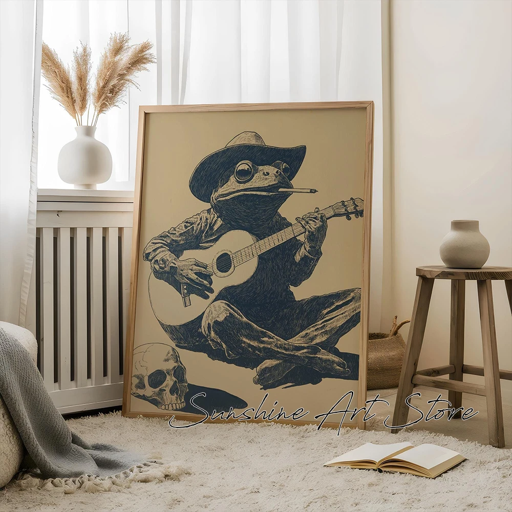 Cowboy Frog Playing Guitar Western Frog Rustic Cowboy Funny Art Poster Minimalist Line Art Western Canvas Painting Wall Pictures