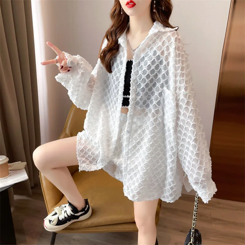 Medium Length Loose Large Sleeve Shirt + Shorts Women\'s Sunscreen Clothes 2023 Summer New Casual Two piece Set Fashion