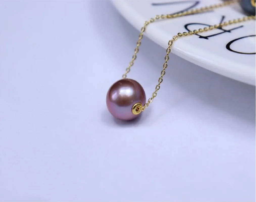 AAAA++++ HUGE 9-10mm Minimally designed pure silver single strong natural seawater south sea purple pearl necklace gift box