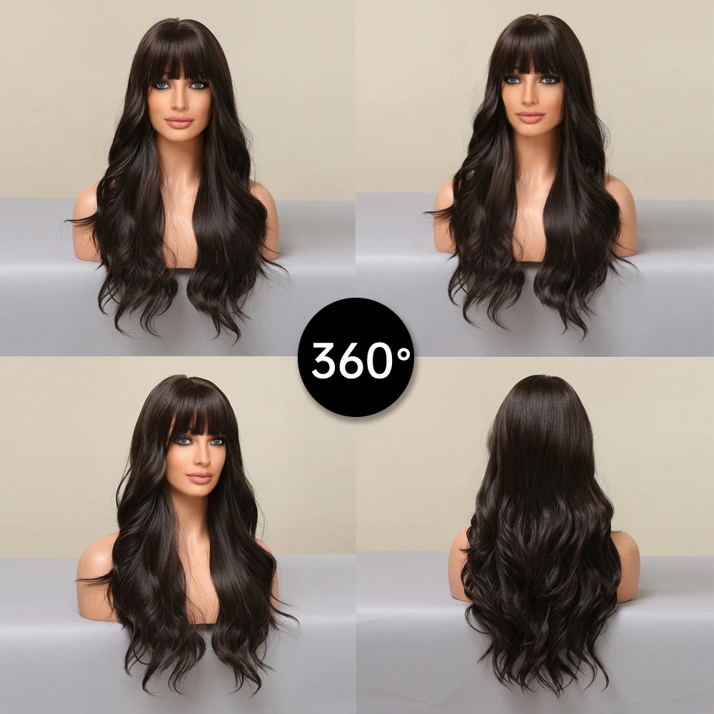 EASIHAIR Long Brown Black Wavy Synthetic Wigs with Bang Natural Wave Hair Wig for Black Women Daily Cosplay Heat Resistant Fiber