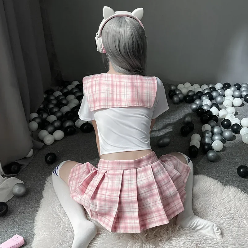 Kawaii School Girl Costume Women Sexy Cosplay Lingerie Sweet Student JK Uniform Tops with Plaid Skirt and Tie Set Role Play