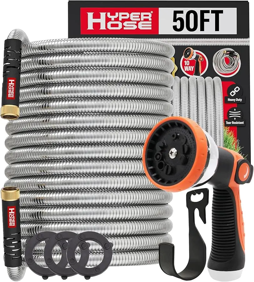 

Best 50 ft Metal Garden Hose Set - No-Kink Durable 316 Stainless Steel, 10-Way Zync Spray Nozzle & Hook – Tough Flexible Heavy D