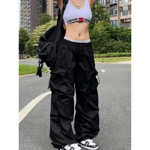 Y2K Parachute Black Pants Women Hippie Streetwear Oversize Pockets Cargo Trousers Harajuku Wide Leg Baggy Sweatpants