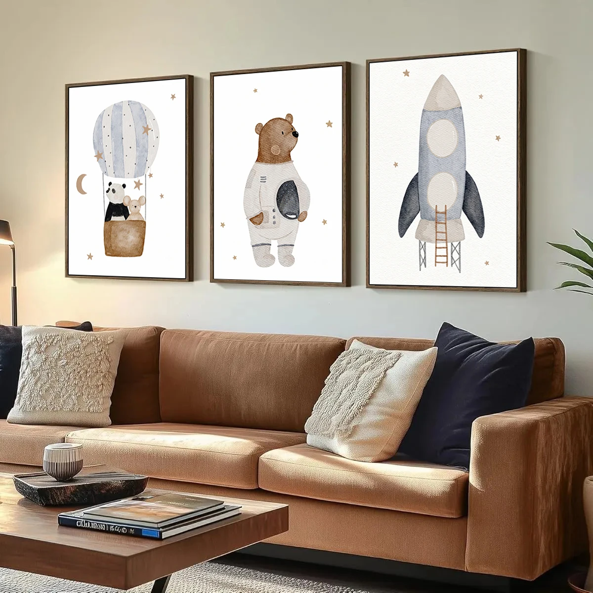 Neutral Watercolor Space Animal Canvas Wall Art Set Astronaut Bear Rocket Hot Air Balloon Panda Print Boy Nursery Playroom Decor view 5