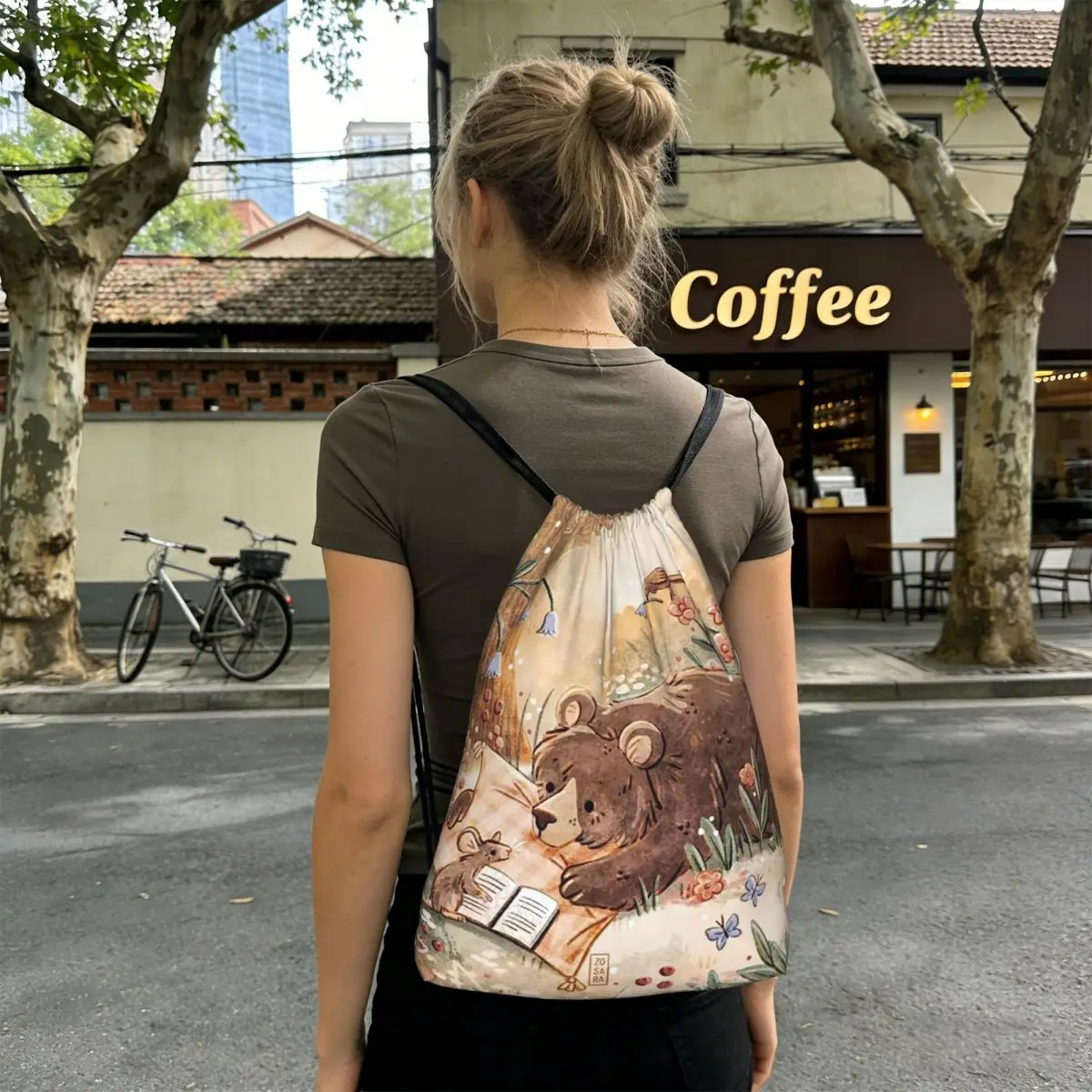 Bear And Mouse Cartoon Print Backpacks Multi-function Drawstring Bags Sundries Bag Book Bags for Man Woman School