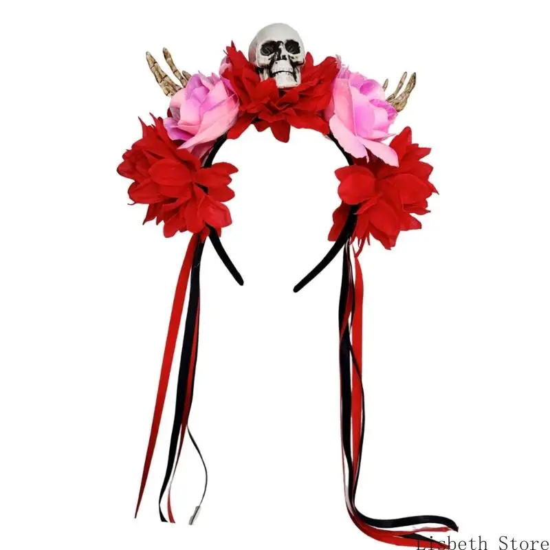 124aハロウィーンスケルトンハンドフラワースカルヘッドバンドは、子供向けの実用的な樹脂ヘアアクセサリーコスチュームパーティーサプライ