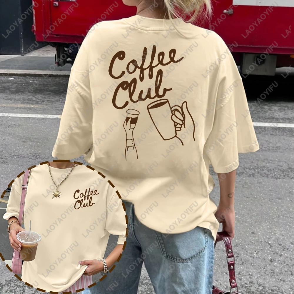 

Women's Vintage Coffee Club Print Short Sleeve T-Shirt High Elasticity Round Neck Casual Blouse Comfortable Top with