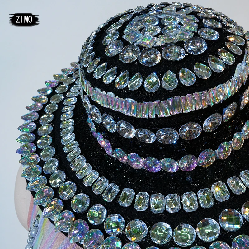 

GOGO glitter Big rhinestones hat Black Hats Women fashion Party DS Prom Hat Dancer Singer Stage Accessories top hat performance