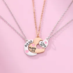 Lovecryst 3Pcs/set Big Sis Middle Sis Little Sis Love Splicing Moon Heart-shaped Best Friend Necklace for Kids Girls BFF Gifts
