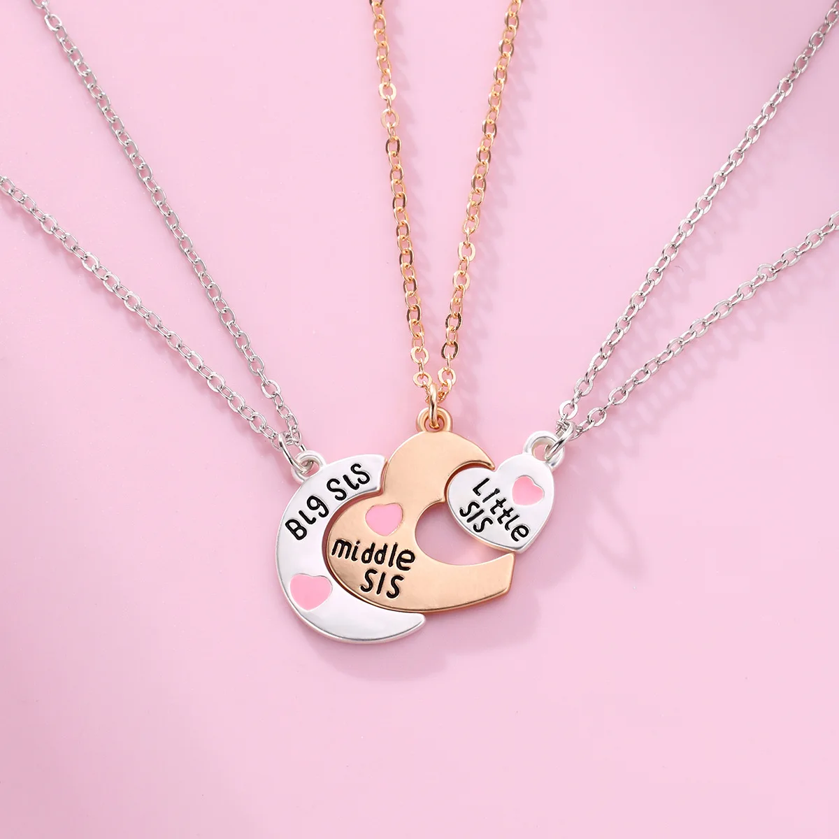 Lovecryst 3Pcs/set Big Sis Middle Sis Little Sis Love Splicing Moon Heart-shaped Best Friend Necklace for Kids Girls BFF Gifts