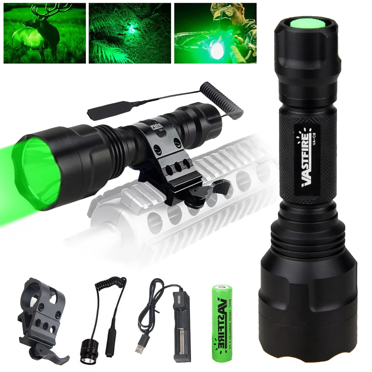 C8 4000lm White Led Light Green/Red Tactical Flashlight+Rifle Scope Mount Clip+Switch+18650+Charger