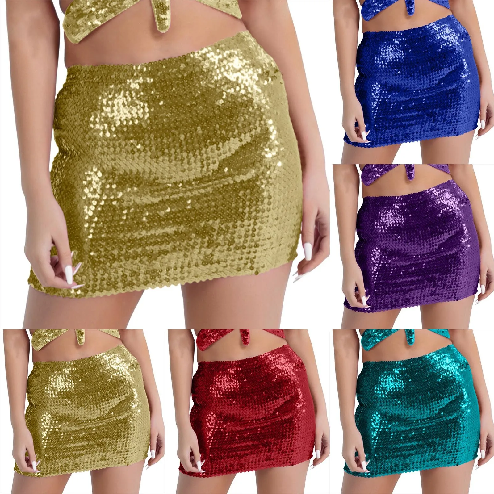 Faldas de lentejuelas a la moda para mujer, minifaldas con lentejuelas brillantes para fiesta de carnaval, falda ultracorta Sexy envuelta en la cadera de Color sólido