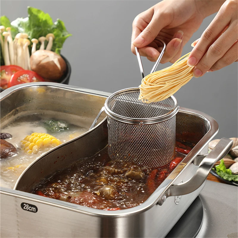 304 Stainless Steel Hot Pot Colander with Hook Fryer Frying Pan Strainer Food Mesh Sieve Pasta Dumplings Filter Kitchen Utensils