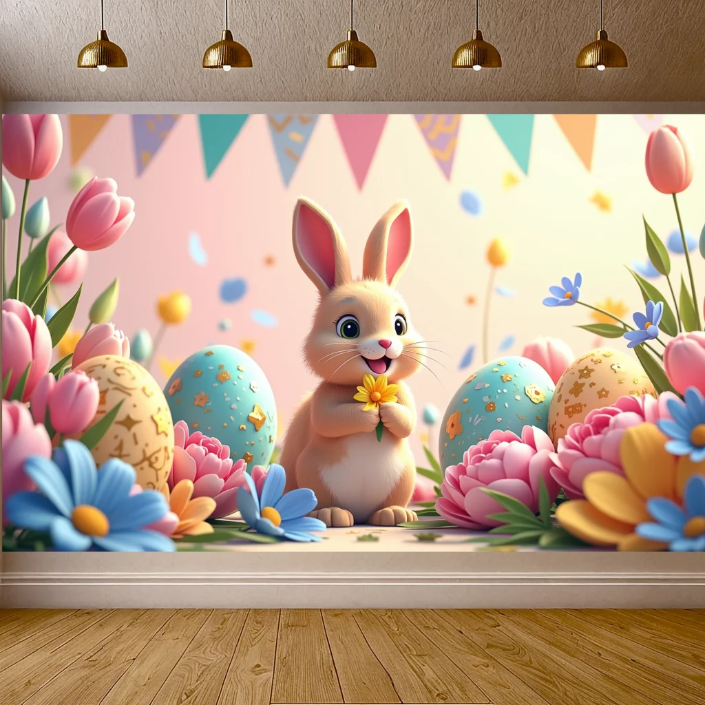 Easter Spring Backdrop for Kids Party Decorations with Cute Bunny and Floral Eggs Photography Colorful Banner Background