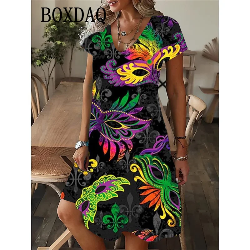 Mardi Gras Y'All Carnival Party Women Dress 2025 Sexy V-neck Short Sleeve Print Dress Casual Evening Dress Lady Summer Sundress