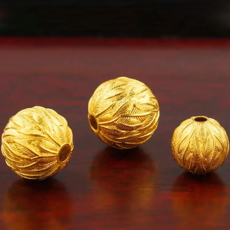 

Pure 18K Yellow Gold Beads DIY 7MM Round Carved Loose Beads