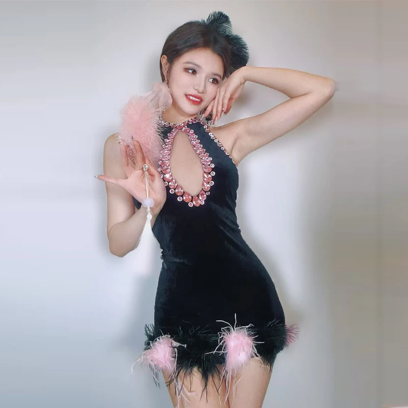 Robe de spectacle de chanteur pour femmes, en velours noir, avec strass, tenue de Festival, Bar Ds Dj Gogo, Costume de danse, vêtements de club sur scène, XS9378