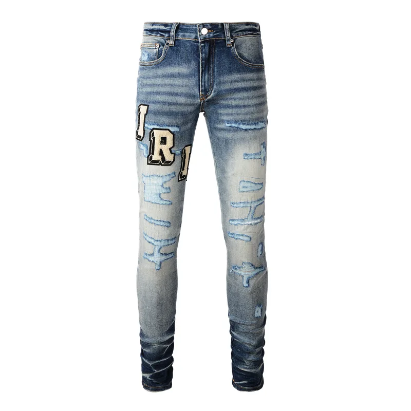 Alta qualità AMIR new trend slim fit elastico versatile pantaloni strappati blu distressed tessuto sticker lettera jeans alla moda