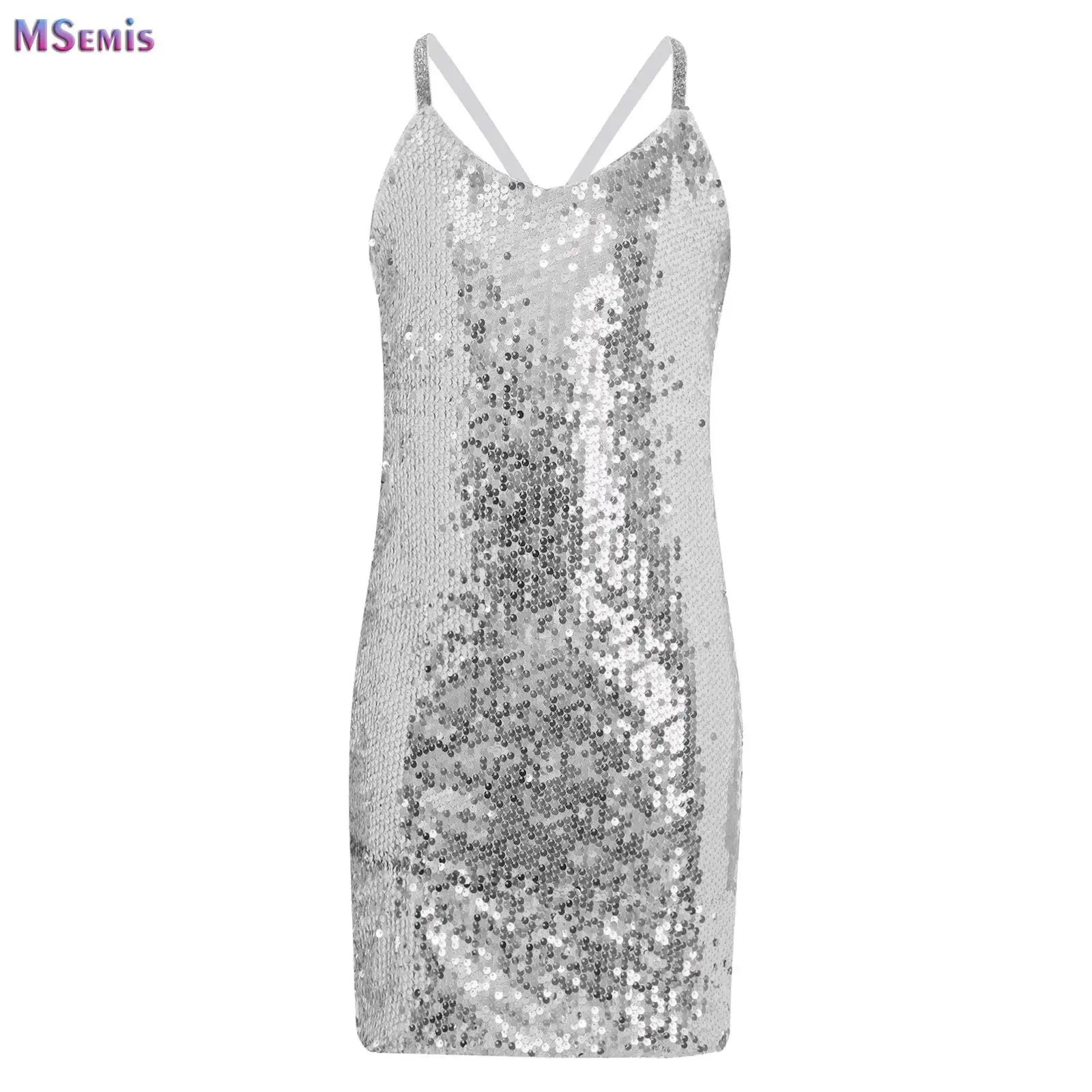 

Kids Girls Shiny Sequin Party Dress Fashion Birthday Wedding Prom Costume Jazz Dance Cha-Cha Cami Dresses Performance Clothes