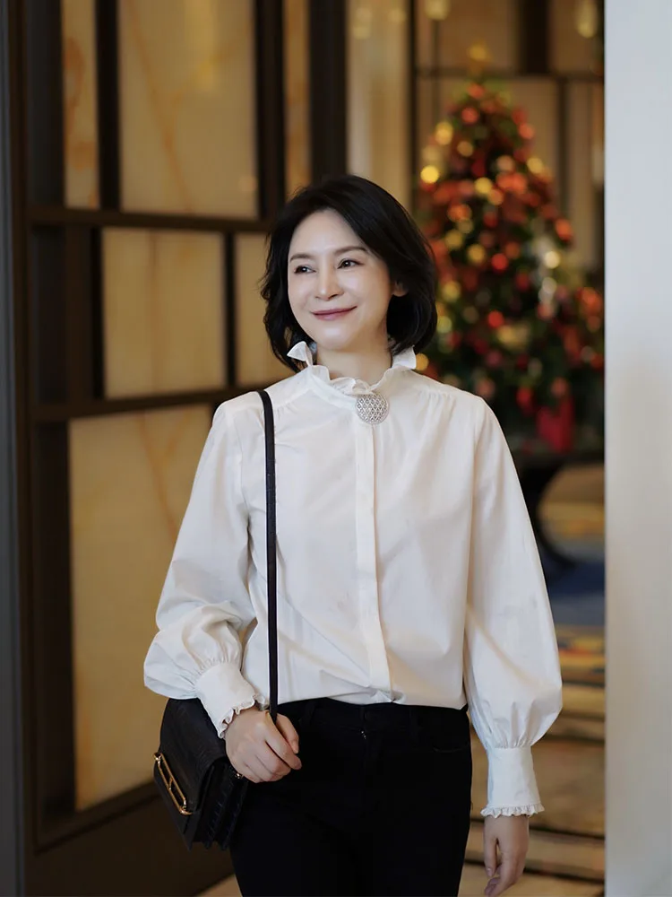 

Женская повседневная рубашка с кружевным воротником, универсальная, прямого кроя, из смесового хлопка, с длинными рукавами, V-образным вырезом, устойчивая к деформации.