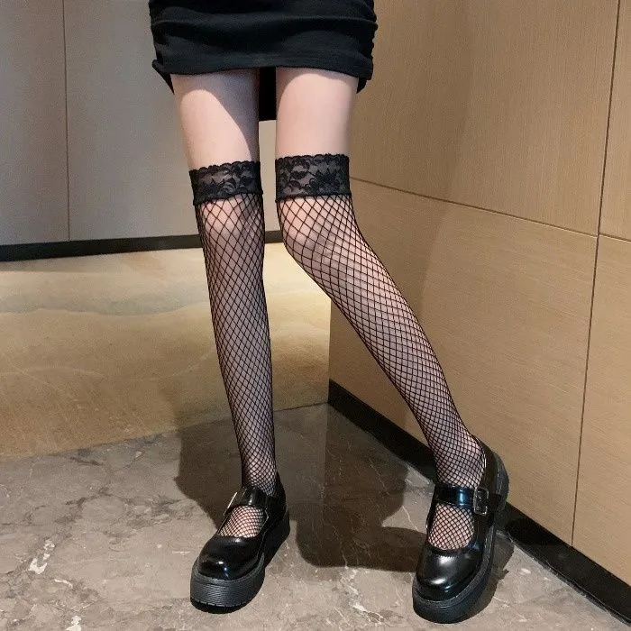 Stylish Ladies Thin Hollow‑Out Lace Mesh Long Socks Lolita Black Over‑Knee Stockings Soft Elastic Hosiery Girls Daily Matching