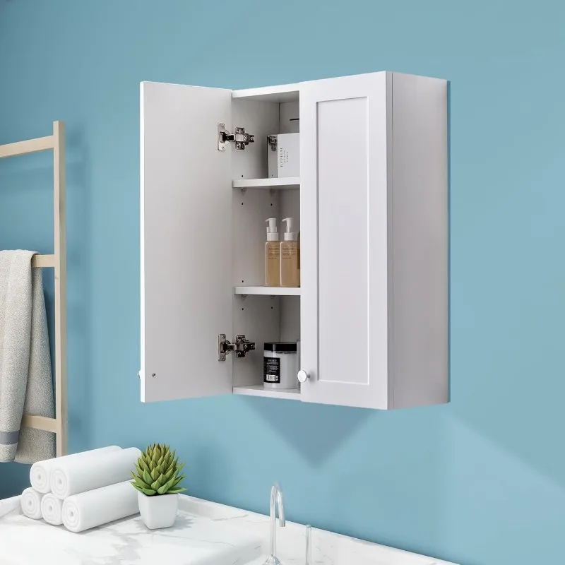 White Wall Mount Cabinet, MDF Over The Toilet Storage Cabinet with Adjustable Shelves, Space Saver 2 Door Medicine Cabinet