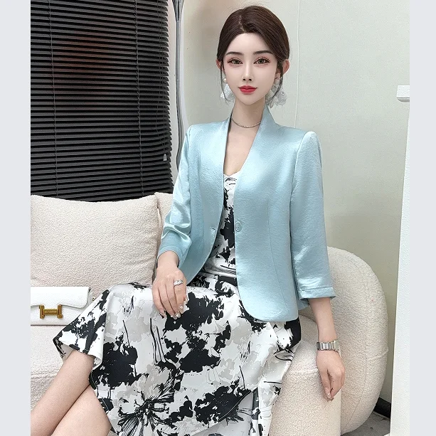 Insozkdg Letnia marynarka garniturowa Moda Prosta Ekskluzywna Błyszcząca Satynowa Krótka Marynarka Damska Odzież Dopasowana Jednolita Kolorowa Blezer Damski Top