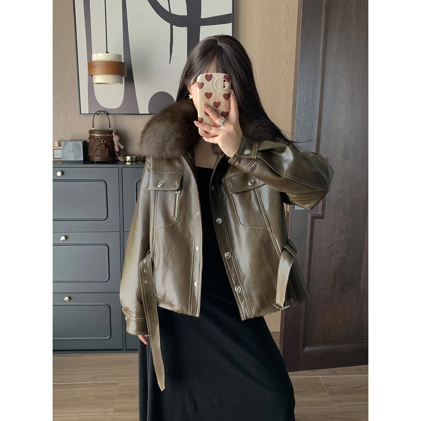 2025 automne hiver mode femmes veste en cuir col de fourrure manteaux courts à manches longues vestes à glissière femmes haute rue loisirs manteau