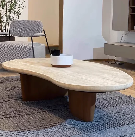 2026 Living Room Italian Irregular Coffee Table with Solid Wood Leg New Design Travertine Natural Stone for High-Class Dé