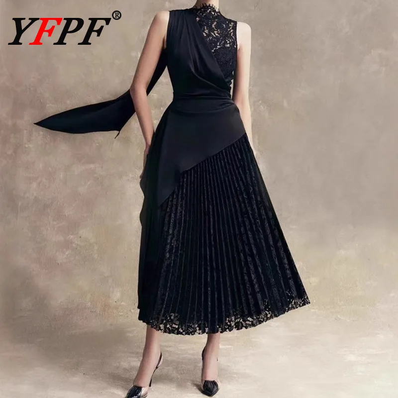 

YFPF черное модное женское платье с кружевным лоскутным дизайном, собранное Wiast, нерегулярные длинные платья трапециевидной формы, элегантная одежда