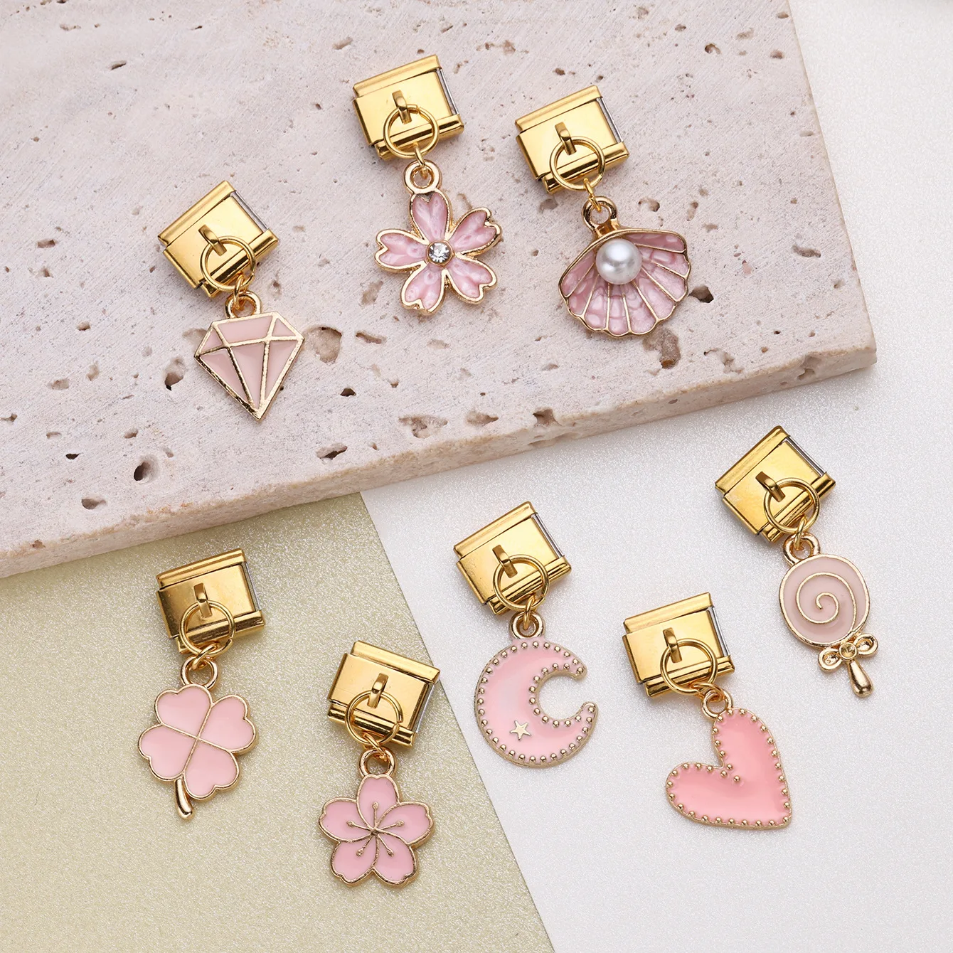 

Pink Flower Moon Heart Alloy Pendant fit 9mm Italian Charm Module Stainless Steel Bracelet Woman DIY Making Jewelry Accessories