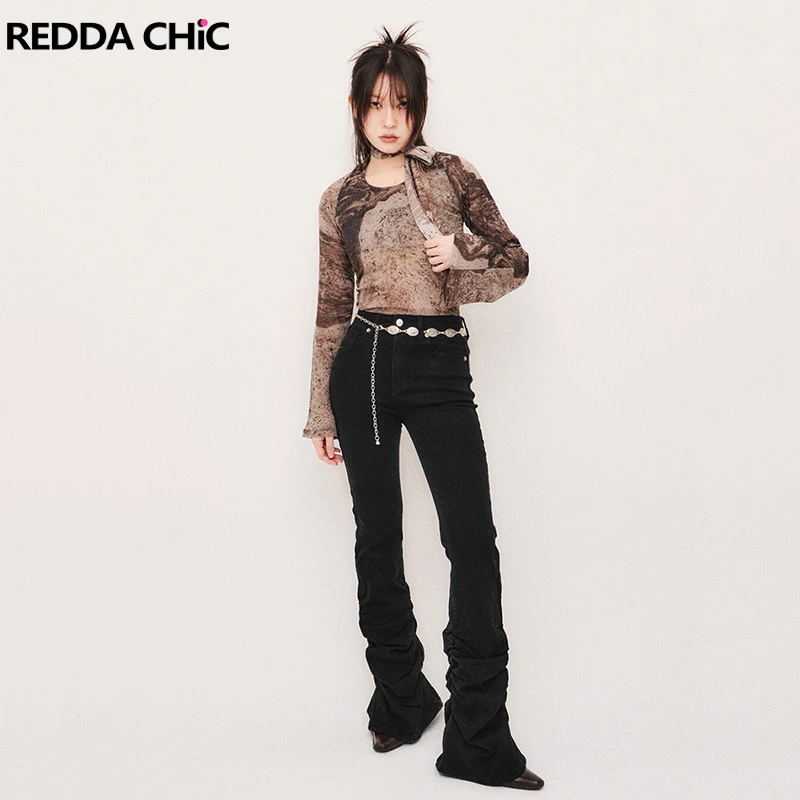 ReddaChic Korean Women Shirring Bootcut Denim Pants Casual Solid Black Flare Jeans Stretch Slim High Waist Trousers Streetwear