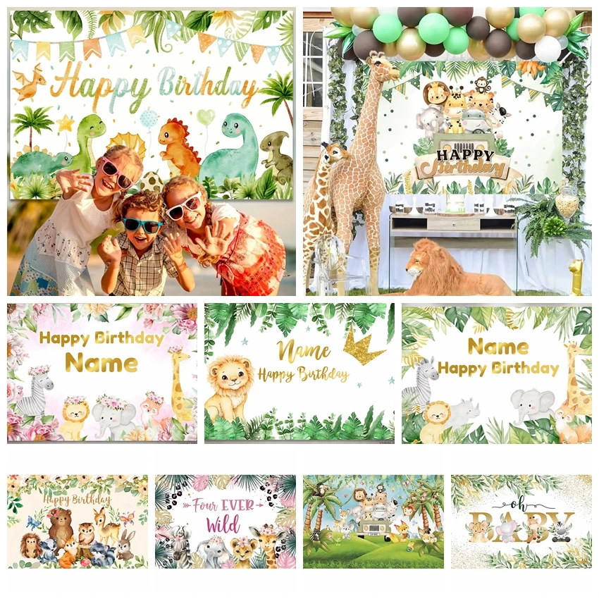 

Jungle Wildlife Theme Birthday Background Cloth Watercolor Cartoon Giraffe Lion Custome Baby Party Decoration Photography Props