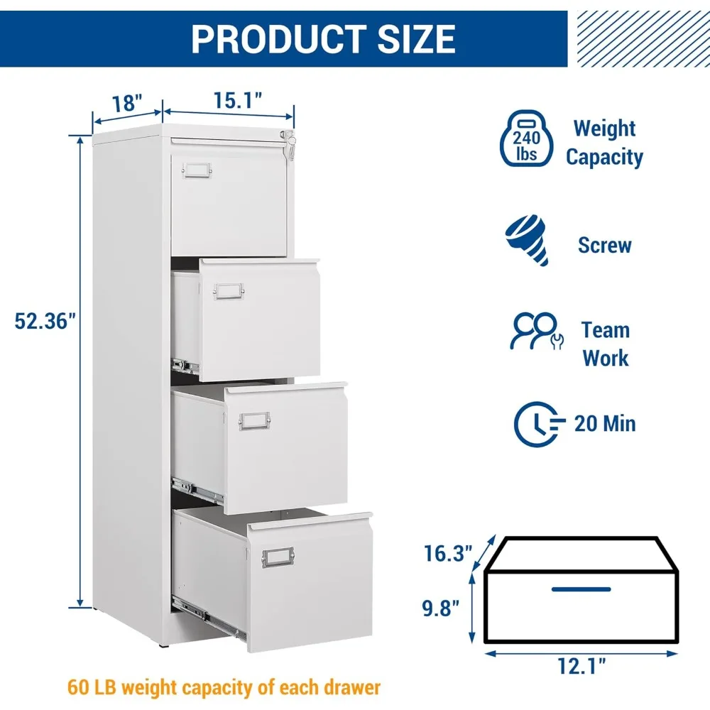 Vertical 4-Drawer Lockable Metal Filing Cabinet - 17.8 Deep White Storage for Home Office with Hanging File Capability