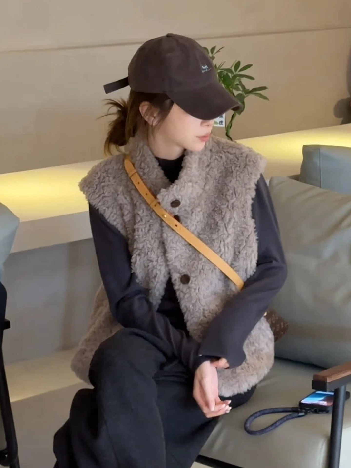 

Korean Sle Stand Collar Lamb Fur Vest Women's Autumn Winter Thiened Svel ort Top Layering Outerwear Jaet