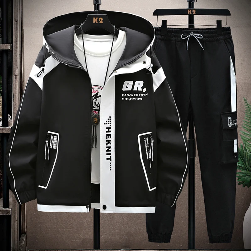 Spring Autumn Men Tracksuit Casual Hooded Sweatshirt Sportswear Jackets Pants 2 Piece Sets Hip Hop Print Sports Suit