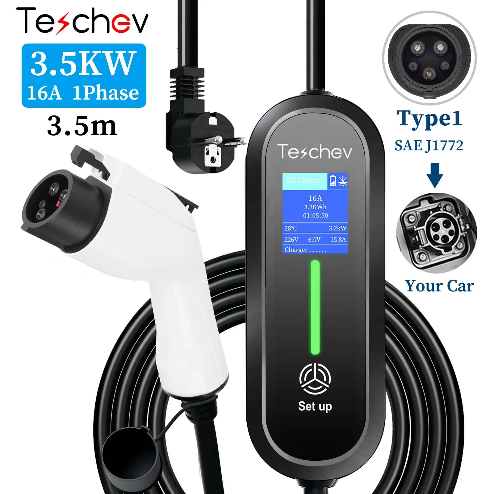 Teschev 220V draagbare EV-oplader Type2 Wallbox 3,5KW 8A tot 16A 1 fase Type1 J1772 IP65 gratis geschenk EV-tas
