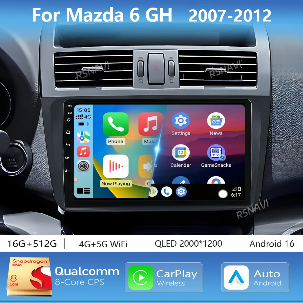 Android 16 Car Radio Navigation Multimedia Player For Mazda 6 GH Rui Wing 2007-2012 GPS Video Stereo Carplay Auto 360 Camera 4G