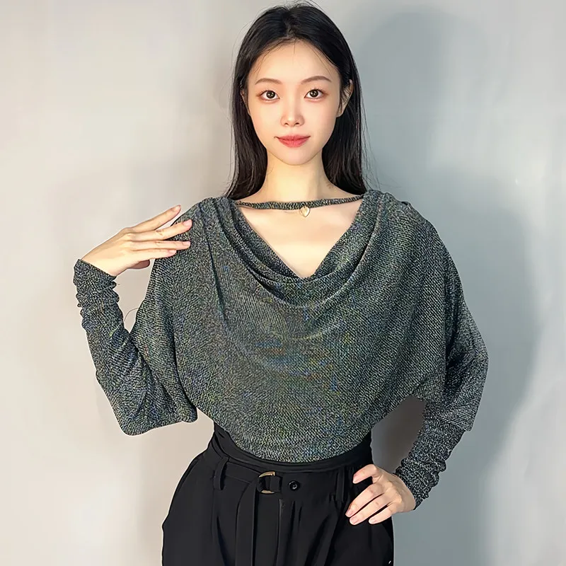 Elegant Batwing Sleeve Loose Top for Adult Women Autumn Winter Latin Ballroom Outfit Soft Material Perfect for Daily Training