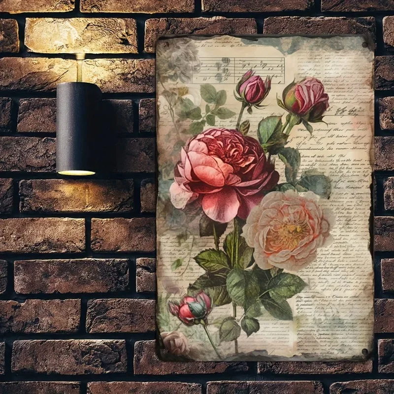 Vintage Rose Metal Mural Classic Floral Iron Plate Easy To Hang Versatile Home and Bar Decoration Waterproof 8×12 Inches