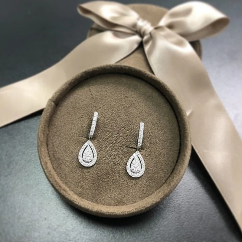 Huitan Silver Color Pear Shaped Drop Earrings for Women Full Paved White Cubic Zirconia Delicate Girl Earrings Statement Jewelry