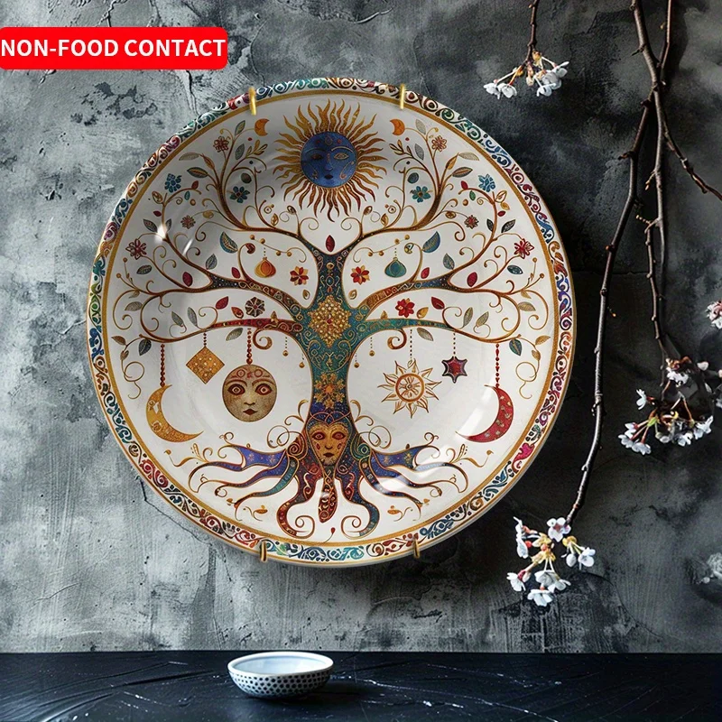 

1 шт. керамическая декоративная тарелка в стиле ар-деко — натуральный ландшафтный дизайн дерева и солнца, круглый нежиданный контактный домашний декор для стен и столешницы