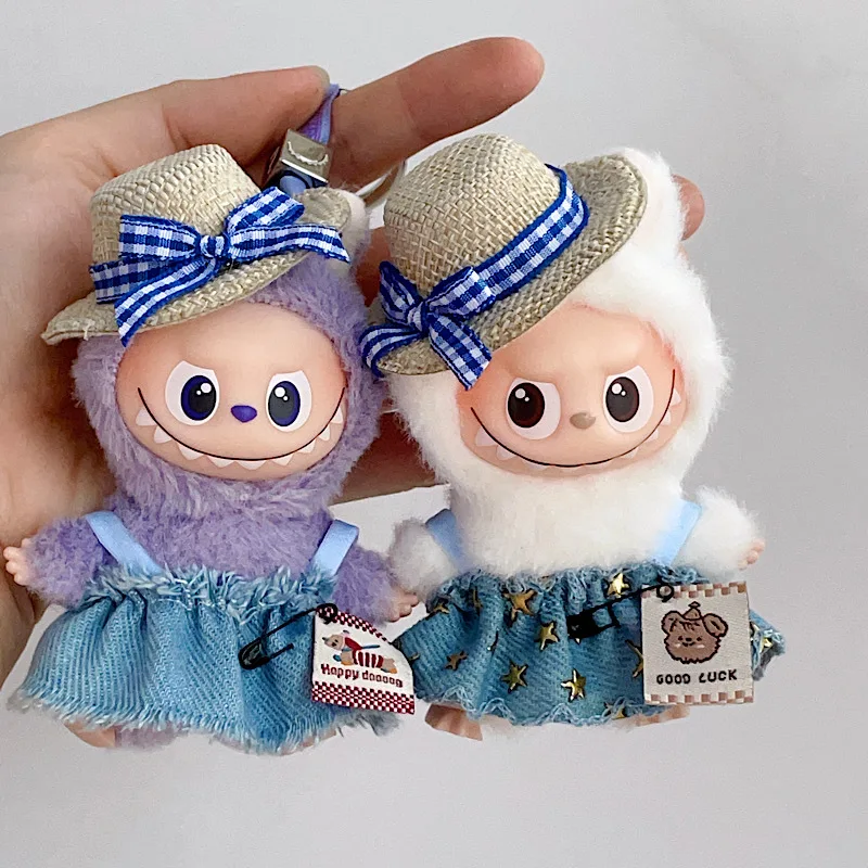 

10cm Mini Labubu 4.0 Doll Clothes 4th-Gen Labubu Star-patterned Hat & Denim Skirt Accessories for Mini Labubu