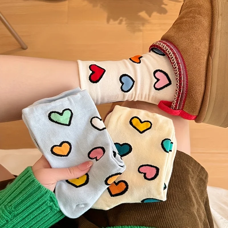 5 Pairs Women'S Spring Autumn Thin Dopamine Heart Outfit Cute Trendy Mid-Calf Socks