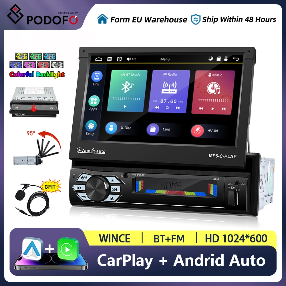 Podofo 1 Din Car Radio 7 Cal Extendable Multimedia Video Player Universal Carplay Android Auto FM Receiver Car Audio Equipment