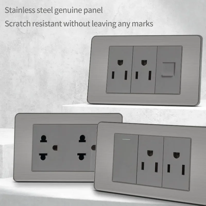 T&I 118 Premium Stainless Steel Brushed Wall Socket with USB Type - C, US Switch, Thai Plug for Home & Office Use