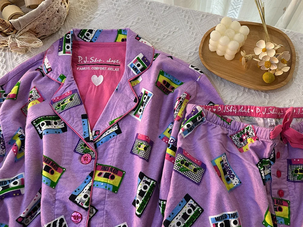 Damen Niedlicher Cartoon-Druck 100% Baumwolle Gebürstetes Pyjama-Set Frühling Herbst Langarm-Oberteil Lange Hose 2-teilig Loungewear Homewear – Detail 30